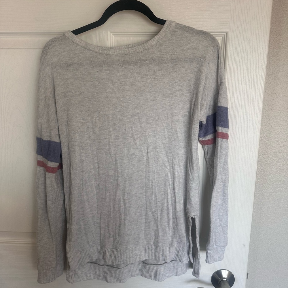 Gray Sweater with Striped Sleeves